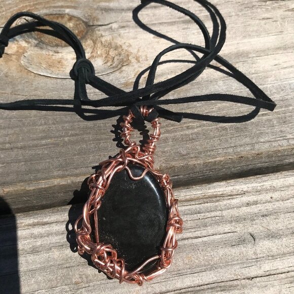 Black Obsidian Solid Copper Pendant Leather Necklace Handmade Artisan Wire Wrap - Picture 11 of 11